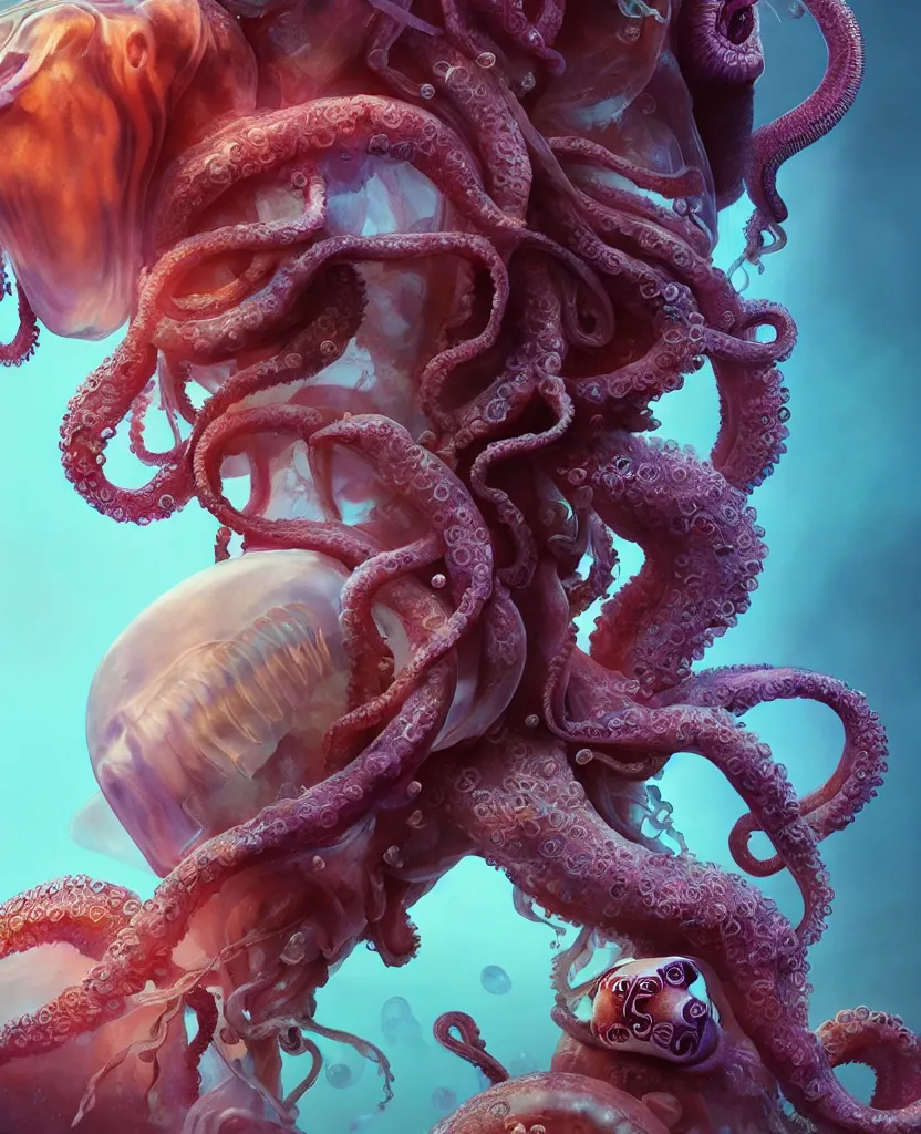 Image similar to goddess close - up portrait human skeleton, ram skull, octopus, jellyfish, orchid, betta fish, bioluminiscent, intricate artwork by tooth wu and wlop and beeple. octane render, trending on artstation, greg rutkowski very coherent symmetrical artwork. cinematic, hyper realism, high detail, octane render, 8 k