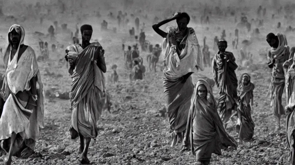 Prompt: 1984 Ethiopian biblical famine and drought as seen in Western newspapers, moody, dark, movie scene, hd, 4k