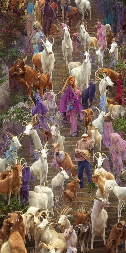 Image similar to a herd of goats! on stairs in a beautiful fantasy cathedral, epic, grandiose, many goats, magic, tall towers, gorgeous clouds, colorful, sunrays, digital painting, landscape, octane render, unreal engine, high detail, very realistic, by alphonse mucha