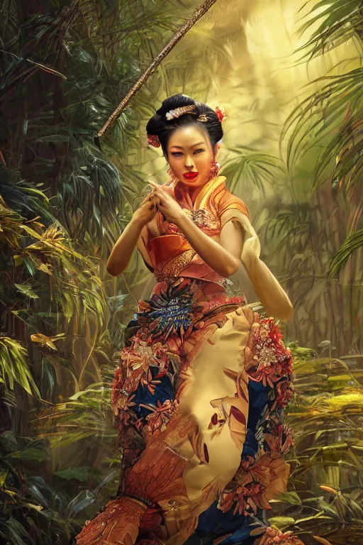 Prompt: stunningly beautiful, indonesian geisha dancer in jungle, symmetrical face, golden hour, smooth, focus, highly detailed, hyper realistic, dramatic lighting, elegant, intricate, concept art, art by wlop, mars ravelo, greg rutowski, artstation