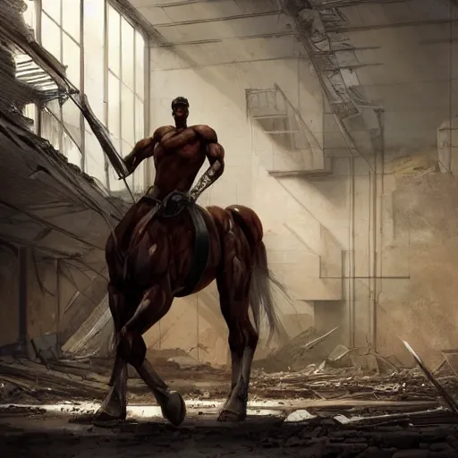 Prompt: a hyper - muscular anthro horse wearing a tactical bodysuit standing in the ruins of a facility, equine, magnificently muscular physique, dynamic pose, highly detailed, digital painting, artstation, concept art, illustration by artgerm, greg rutkowski