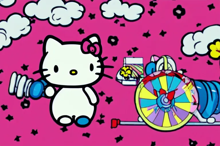Prompt: animated cartoon film of hello kitty at the gym, big muscles hello kitty by sanrio