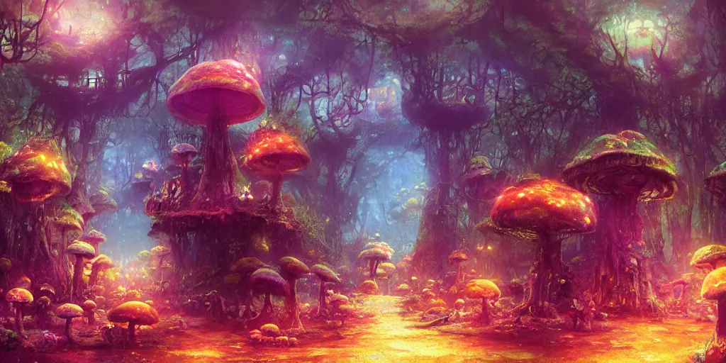 Image similar to ”cute furry creatures living in giant mushroom houses in a mysterious fantasy forest, [bioluminescense, rope bridges, art by wlop and paul lehr, cinematic, colorful]”