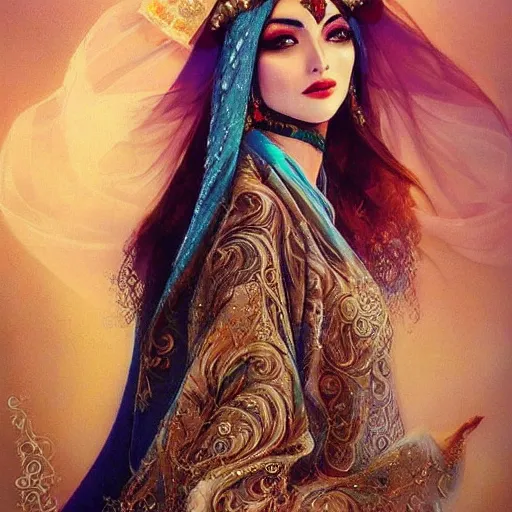 Image similar to a beautiful arabian woman wearing a wedding dress kaftan by karol bak, ayami kojima, artgerm, arabian beauty, blue eyes, smile, concept art, fantasy