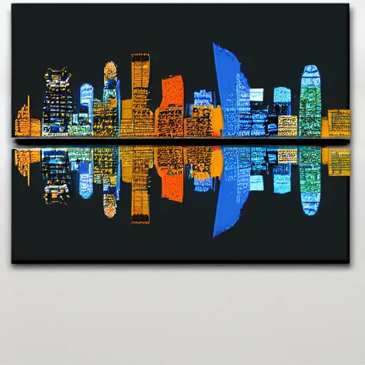 Prompt: brilliantly colored acrylic oil painting of a high resolution Excel stacked bar graph in the shape of a detailed skyline of Charlotte North Carolina at night strewn with mathematical formulas in the style of Edward Tufte