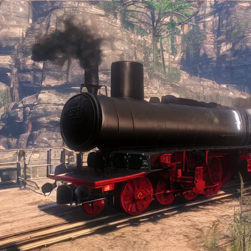 Image similar to futuristic sleek steam locomotive in red dead redemption 2