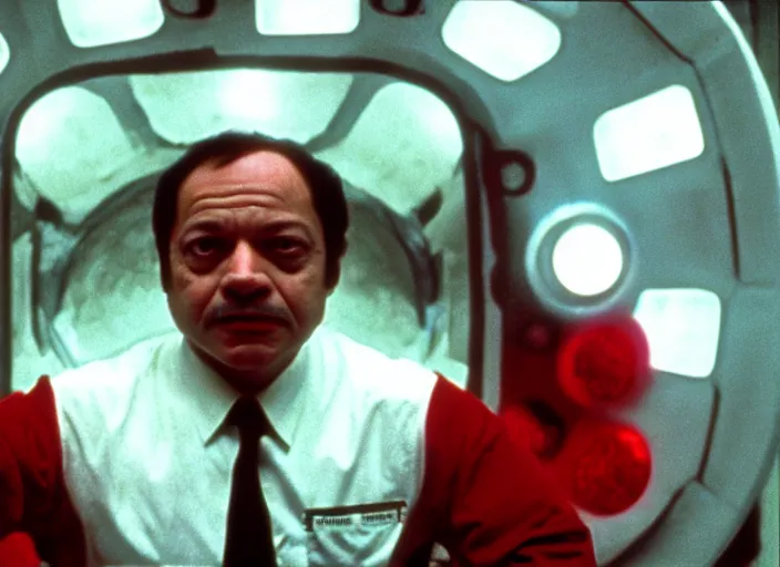 Image similar to film still of young old Cheech Marin as Dr. Dave Bowman with HAL 9000 glowing red in the background in 2001 A Space Odyssey