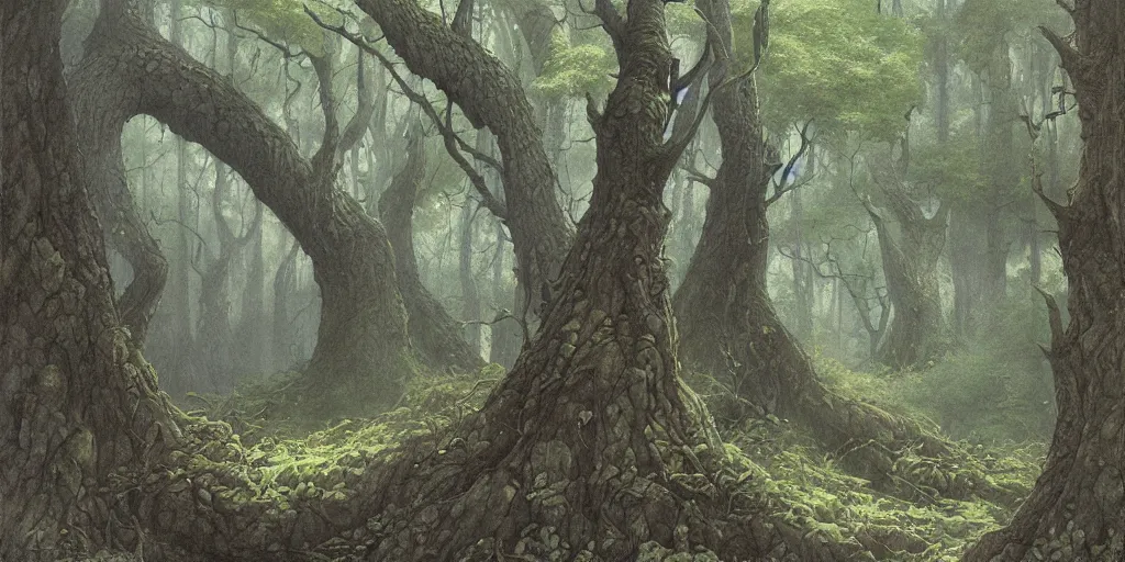 Image similar to artwork by john howe of a forest of grim catalpas