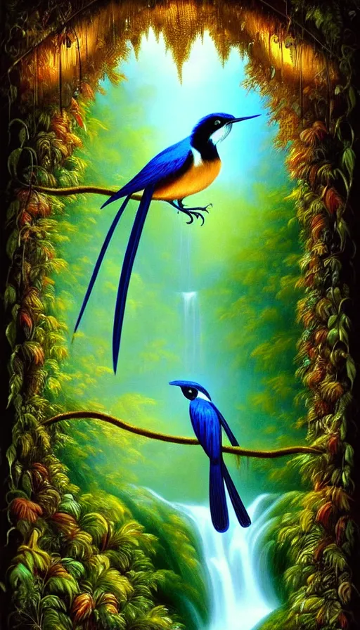 Image similar to paradise flycatcher, lush forest, gold, gems, dramatic lighting, waterfall, denoised, gothic architecture, baroque, painted by the best artists of artstation, best art in the world