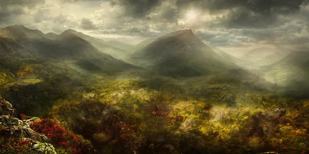 Image similar to appalachian mountain landscape, matte painting by andreas franke