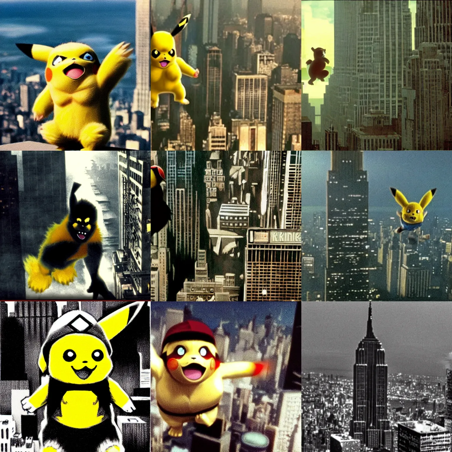 Prompt: pikachu as king kong climbing the empire state building in king kong ( 2 0 0 5 )