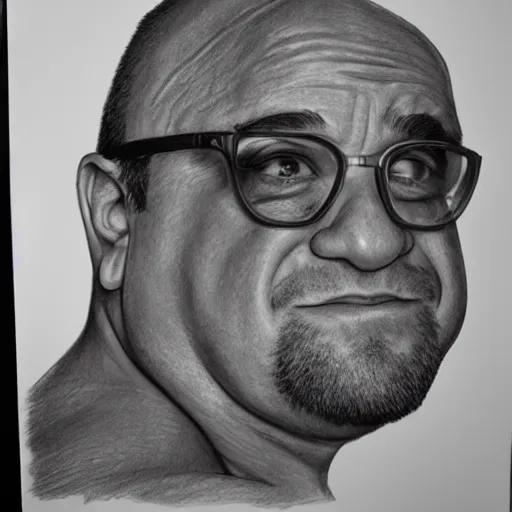 Prompt: black and white pencil sketch of a muscular Danny DeVito