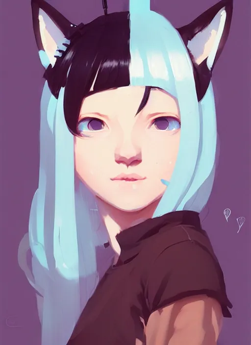 Image similar to portrait of cute catgirl with cat ears, by atey ghailan, by greg rutkowski, by greg tocchini, by james gilleard, by joe gb fenton, by in kaethe butcher, dynamic lighting, gradient light blue, brown, blonde cream and white color in scheme, grunge aesthetic