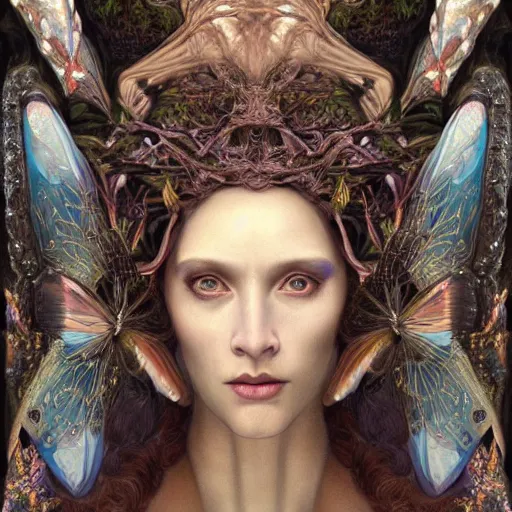 Prompt: a baroque neoclassicist closeup renaissance portrait of a beautiful forest queen with glowing eyes, moth wings with iridescent geometric patterns, reflective detailed textures, dark fantasy science fiction painting by diego rivera and donato giancola and jean delville and tom bagshaw and nicholas roerich, goth, dramatic lighting, gleaming silver and rich colors, artstation, octane render