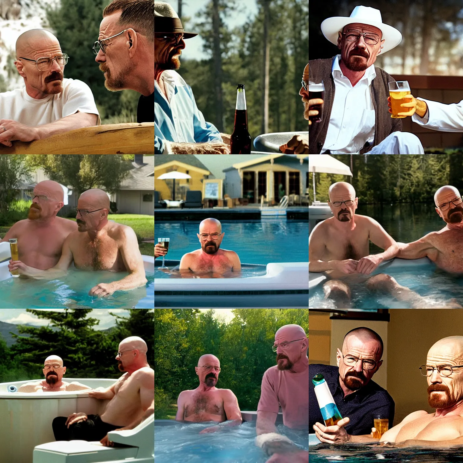Prompt: Walter White sitting in a hot tub next to Walter White, who is himself talking to yet another Walter White standing outside the hot tub, holding a beer