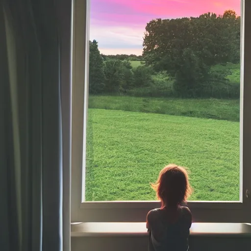 Prompt: a girl looking out of her small deck looking at the large fields in the countryside during sunrise