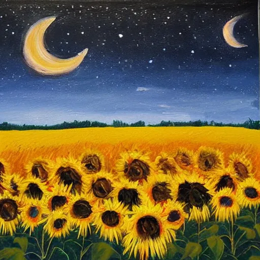 Image similar to The painting is of a night sky, with stars and a crescent moon. In the foreground are sunflowers. The brushstrokes are thick and visible, giving the painting a textured look. The colors are mostly dark, but there are also some yellows and blues.