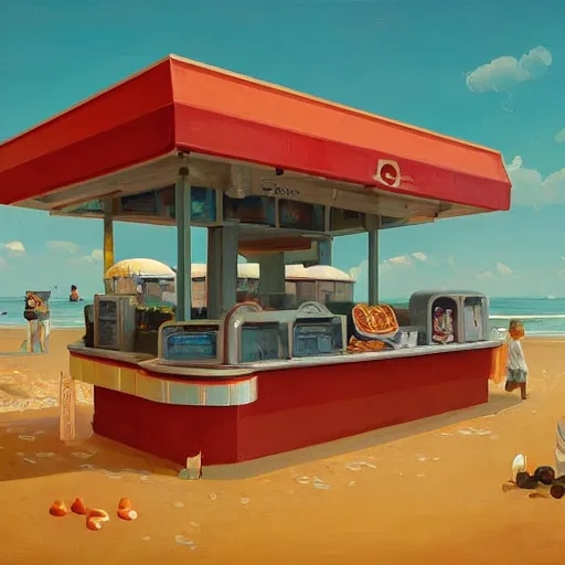 Image similar to fast food counter by the beach by simon stalenhag