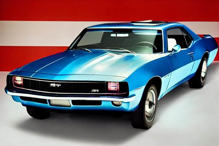 Image similar to designed by john delorean stylized poser of a single 1 9 6 7 chevrolet impala! 2 0 1 3 chevrolet camaro ss!!!! ( delorean ), large led lights, ektachrome photograph, volumetric lighting, f 8 aperture, cinematic eastman 5 3 8 4 film