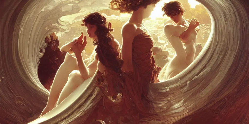 Image similar to inside the curl of a wave, elegant, highly detailed, digital painting, artstation, concept art, smooth, sharp focus, illustration, ArtStation, art by artgerm and greg rutkowski and alphonse mucha and J. C. Leyendecker and Edmund Blair Leighton and Charlie Bowater