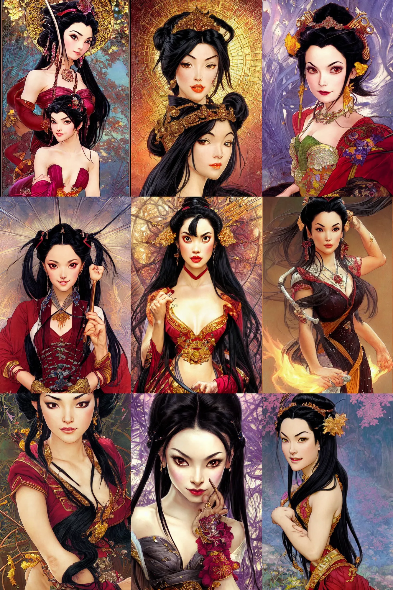 Prompt: alluring highly detailed close-up portrait of beautiful princess Azula with black hair wearing a fantasy fire outfit, very detailed, realistic, by Stanley Artgerm Lau, greg rutkows ki, thomas kindkade, alphonse mucha, loish, norman rockwell J.