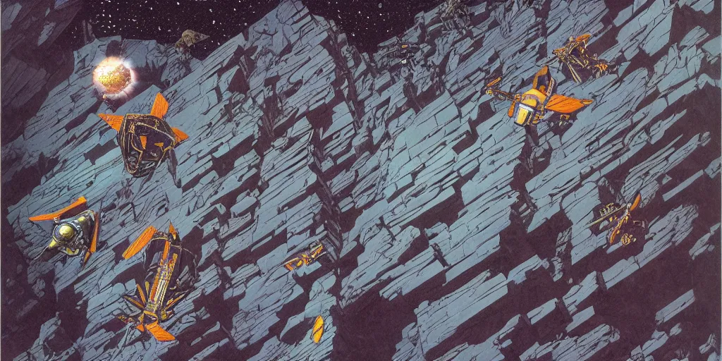 Prompt: ultra detailed space fighter drone flying through a mining cave, by Escher and Moebius and Mohrbacher