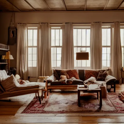 Image similar to a living room with the furniture hanging from the ceiling and people sleeping peacefully on the floor. Long shot from a movie.