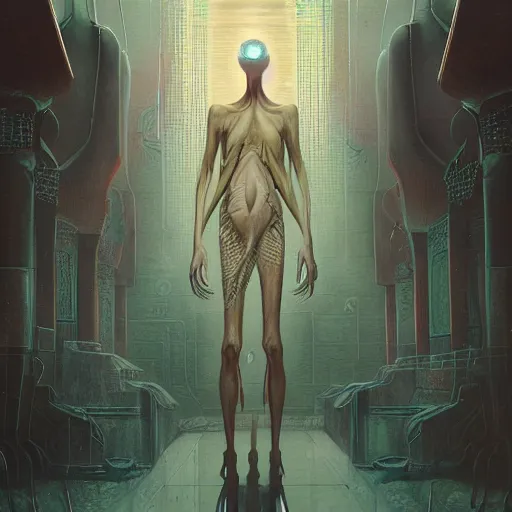 Image similar to portrait of tall, long-necked lipless mutant with scaled face and serpent eyes wearing gauze toga and standing in cyberpunk art deco mosque, alien bestiary by Barlowe, Greg Rutkowski, and Yoshitaka Amano