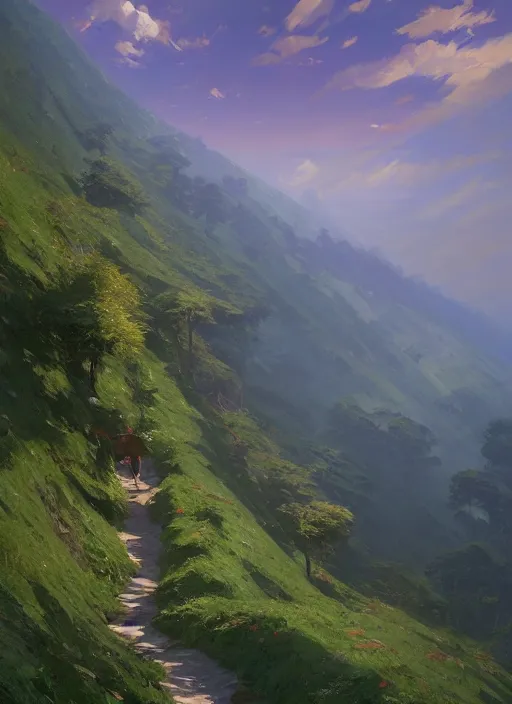 Prompt: steep hills covered with dense underbrush, extremely detailed oil painting, unreal 5 render, rhads, sargent and leyendecker, savrasov levitan polenov, bruce pennington, studio ghibli, tim hildebrandt, digital art, landscape painting, octane render, beautiful composition, trending on artstation, award winning photograph, masterpiece