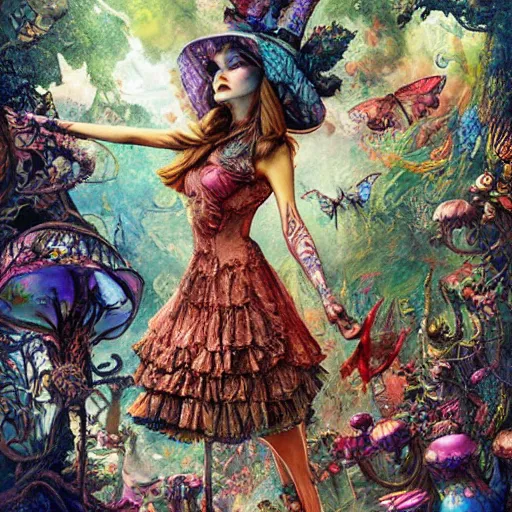 Prompt: alice in wonderland tripping on lsd, intricate detail, painting, royo, frazetta, whealan,