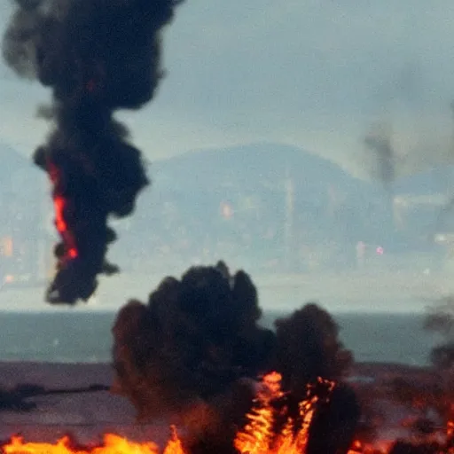 Prompt: scene of a movie with steven seagal with an explosion in the background, sharp features, sharp focus, taken with a canon eos camera with 1 3 5 mm focal length