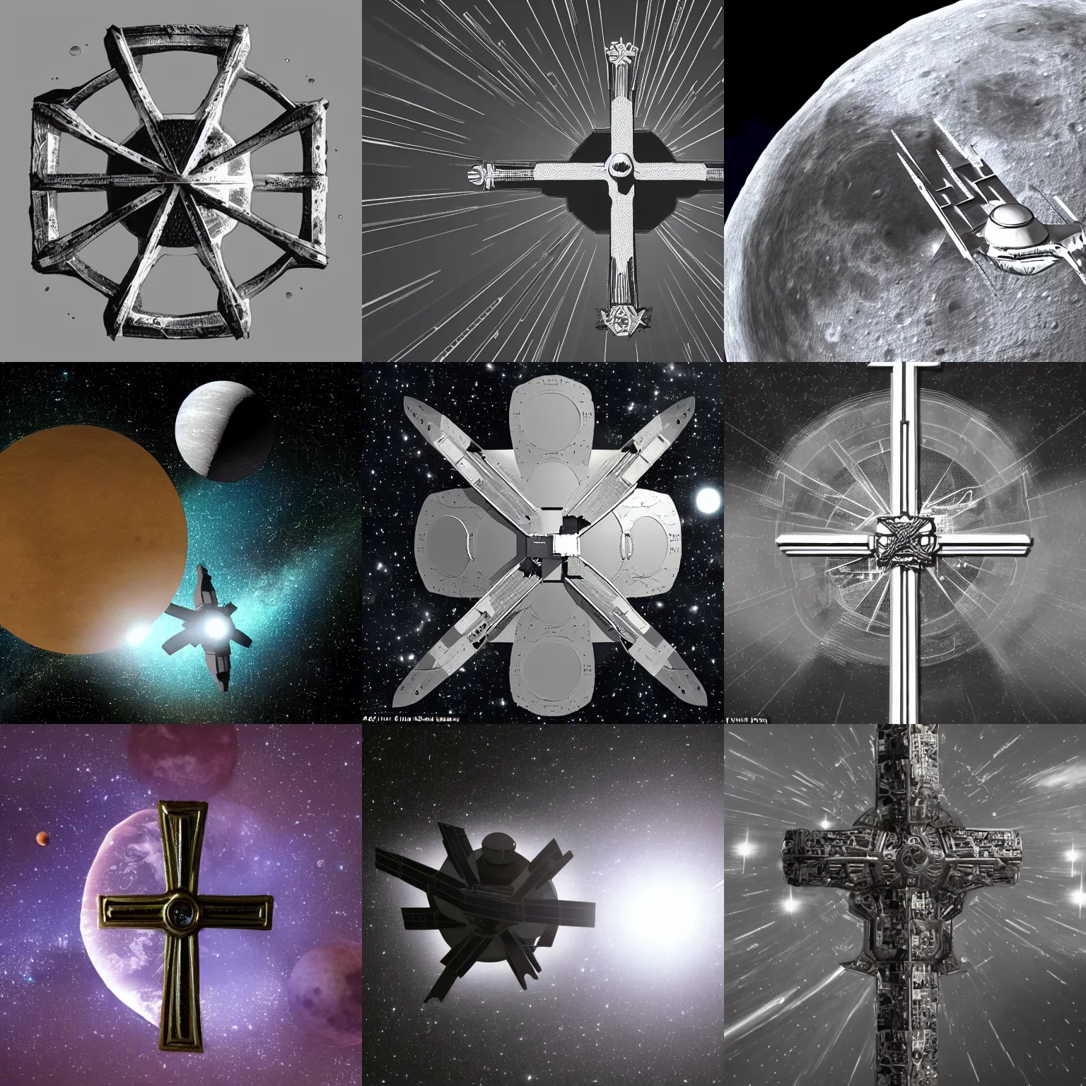 Prompt: a spaceship the size of a moon in a cross shaped form and made from a shiny metal, against the darkness of space