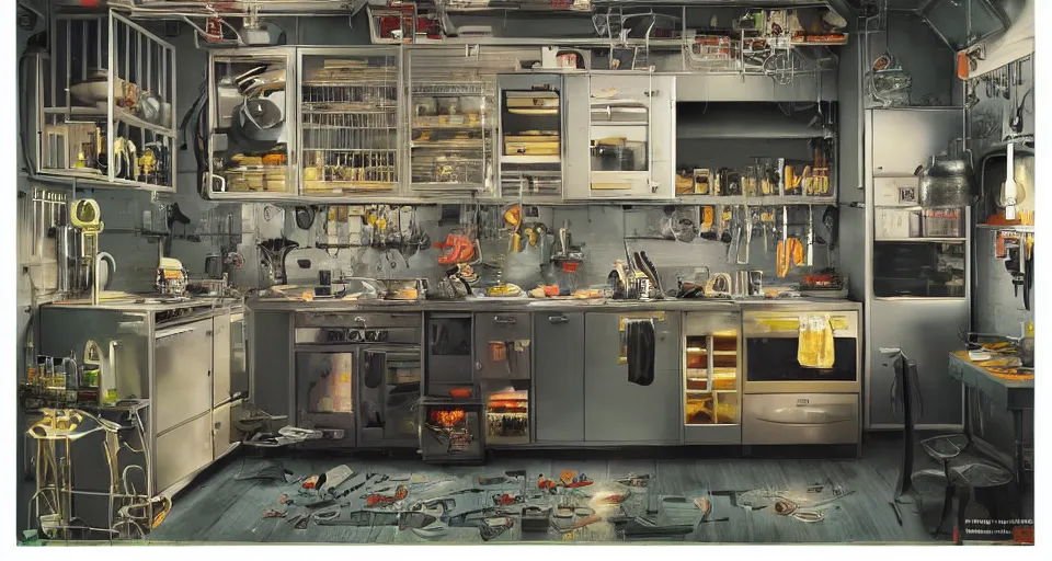 Image similar to IKEA catalogue photo of a cyberpunk kitchen on a spaceship, by Ravi Zupa