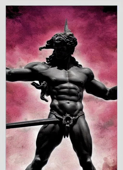 Image similar to dark design poster showing a statue of hercules, black background with very subtle red and purple design elements, powerful, nekro, guido crepax, graphic design, collage art, dark, glitch art, neo vaporwave, gritty, layout frame, square, trending on artstation