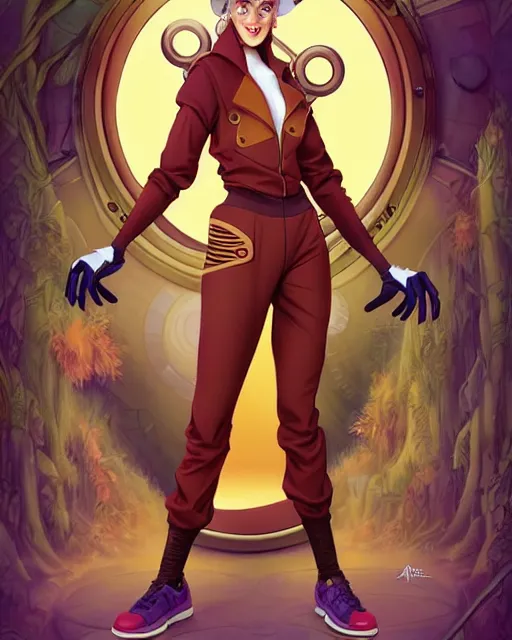 Image similar to don bluth, loish, artgerm, joshua middleton, steampunk, clockpunk anthropomorphic cheetah, wearing a track suit, smiling, symmetrical eyes symmetrical face, colorful animation forest background