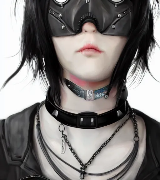 Image similar to detailed realistic female character cyberpunk wearing thick steel collar around neck, realistic, art, beautiful, 4K, collar, choker, collar around neck, punk, artstation, detailed, female, woman, choker, cyberpunk, neon, punk, collar, choker, collar around neck, thick collar, tight around neck, punk,