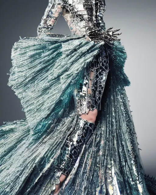 Image similar to a beautiful hyperrealistic ultradetailed, one model a magnificent McQueen couture bright clothes, photo studio, studio photography, studio light, photo for magazine, Designer clothes, futuristic clothes, voge photo, fashion style, enhanced sharpness, glamorous shine