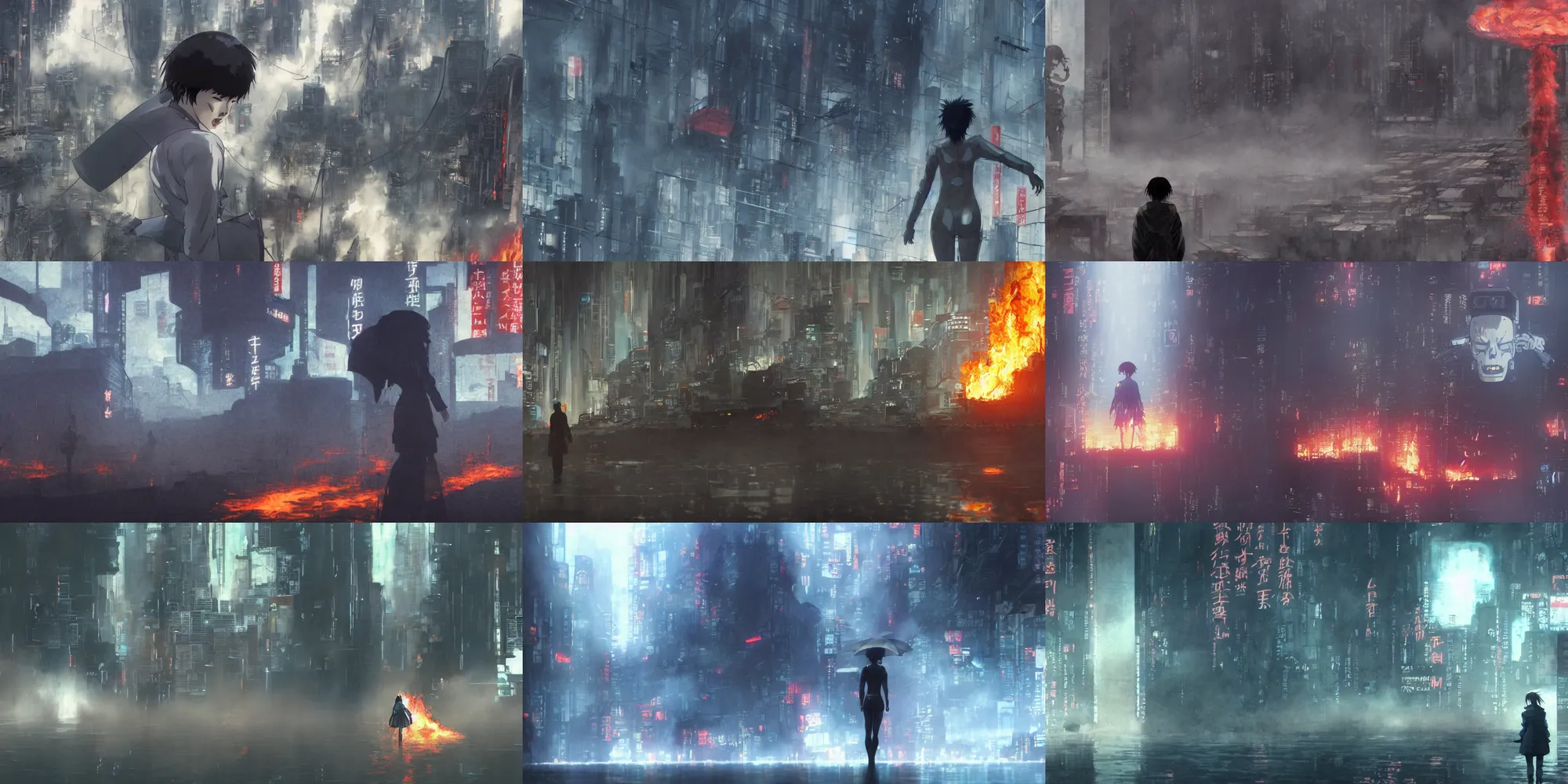 Prompt: incredible wide screenshot, ultrawide, simple water color, paper texture, katsuhiro otomo ghost in the shell anime movie scene, back lit vertigo fear of heights, action shot girl in parka, wet dark robot, parasol, giant robot skull, earthquake destruction, robot reflection, thick fog, smoke, destroyed robots, blazing fire, burning skull crash inferno