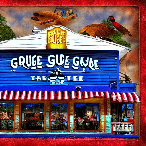 Image similar to the blue goose tavern. a big and famous roadside tavern. delicious fried pudding with sweet liquor is served here. digital art