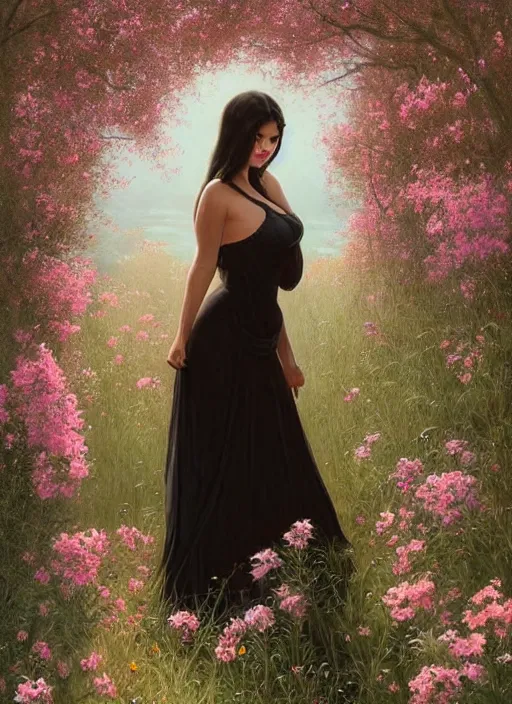 Prompt: beautiful thirty year old woman with long black hair, tan skin, curvy hourglass figure, round cute face, slight resemblance to selena gomez wearing a modest disney princess gown in a field of flowers. beautiful painting by artgerm and greg rutkowski and bouguereau