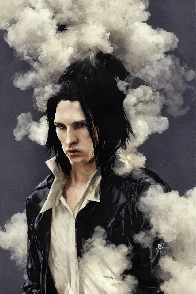 Prompt: painting of a man with pale skin and long-black hair, latex suit and raincoat, floating in smoke, in the style of phil hale and yoshitaka amano