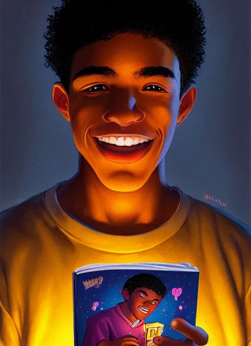 Image similar to portrait of teenage chuck clayton, black teenage boy, very short curly hair, very short hair, square jaw, slight excited smile, reading archie comic book, intricate, elegant, glowing lights, highly detailed, digital painting, artstation, concept art, smooth, sharp focus, illustration, art by wlop, mars ravelo and greg rutkowski