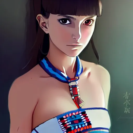 Image similar to a beautiful! boyish! natalie portman alluring gravure! model, wearing japanese school girl outfit with mayan pattern and native style, aztec street fashion, gapmoe yandere grimdark, trending on pixiv fanbox, painted by greg rutkowski makoto shinkai takashi takeuchi studio ghibli, akihiko yoshida