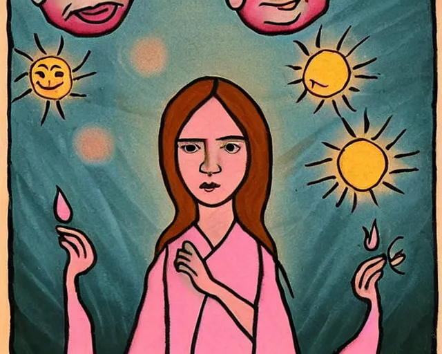 Prompt: small being in white robe with glowing pink eyes and sun ray flame hair holding lit matches and singing, flat folk art style, style of midsommar, Mu Pan, Julia Sarda