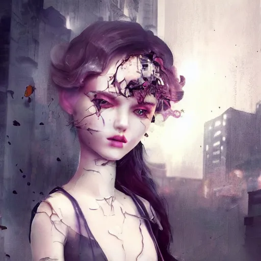 Prompt: a beautiful woman’s face shattered like a porcelaine doll, blurred dystopian city background, sad and dark atmosphere, trending on Artstation, Cgsociety, concept art