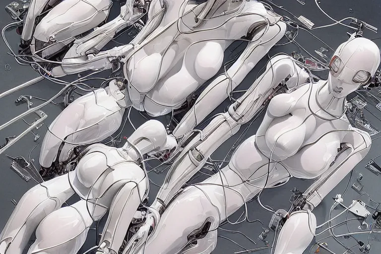Prompt: a wonderful illustration of a white floor with a group of female androids' body parts with cables and wires coming out lying scattered over it, by masamune shirow, hajime sorayama and katsuhiro otomo, view from above, minimalist, hyperdetailed, super rich