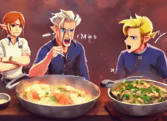 Prompt: gordon ramsey yelling screaming at link with a shocked expression from zelda for cooking burnt food in the style of breath of the wild, artstation, krenz cushart, makoto shinkai