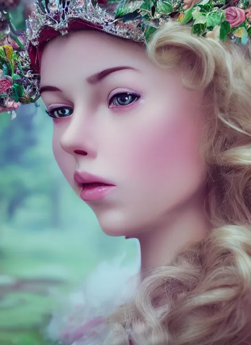 Image similar to closeup face profile portrait of a fairytale princess wearing a crown eating cakes, bikini, depth of field, zeiss lens, detailed, symmetrical, centered, fashion photoshoot, by nicoletta ceccoli, mark ryden, lostfish, breathtaking, 8 k resolution, extremely detailed, beautiful, establishing shot, artistic, hyperrealistic, octane render