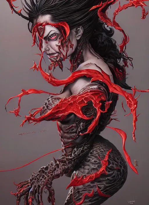 Image similar to a hyper detailed shoulder portrait of black haired girl with red eyes, the queen of blades, sideshow figurines, diablo 4 lilith, by yusuke murata, by hiroya oku, by dorian cleavenger, by tom bagshaw, by zdzisław beksinski, trending on artstation