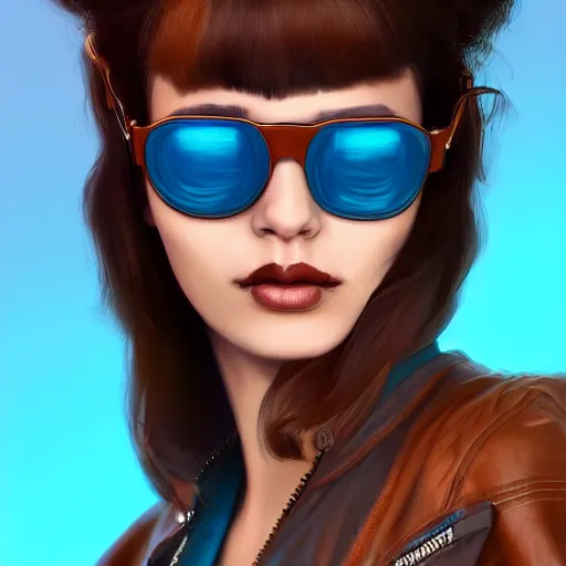 Prompt: closeup painting of a very beautiful young mexican cyberpunk woman smirking, wearing light blue shutter shades and a leather jacket, one side haircut, long brown hair with light blue ends, portrait, hyperdetailed, artstation, cgsociety, 8 k